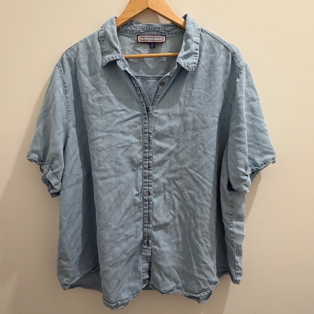 Hester & Orchard Womens 2X Light Blue 100% Tencel Short Sleeve Button Down Shirt